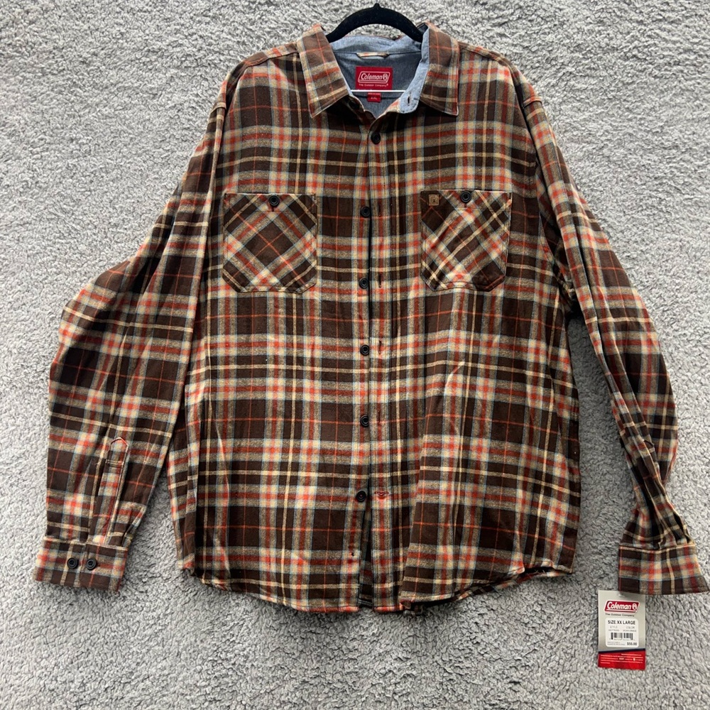 NWT Coleman Flannel Shirt Brown Mens 2XL  Plaid Cotton Button Up Long Sleeve